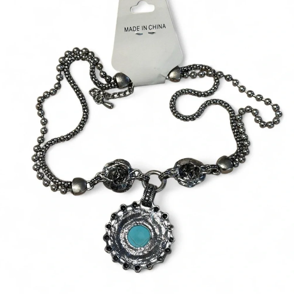 NWT Rose & Turquoise Silver-Tone Necklace with Matching Earrings — NWT, ~9″ - Picture 4 of 5